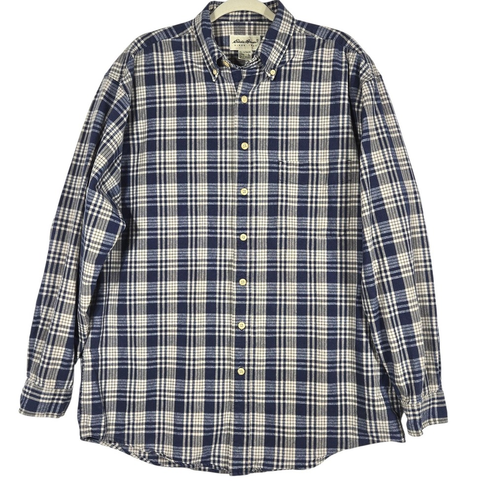 Eddie Bauer Men's LT Shirt Blue Plaid Cotton Button Down Utility Tall Fit